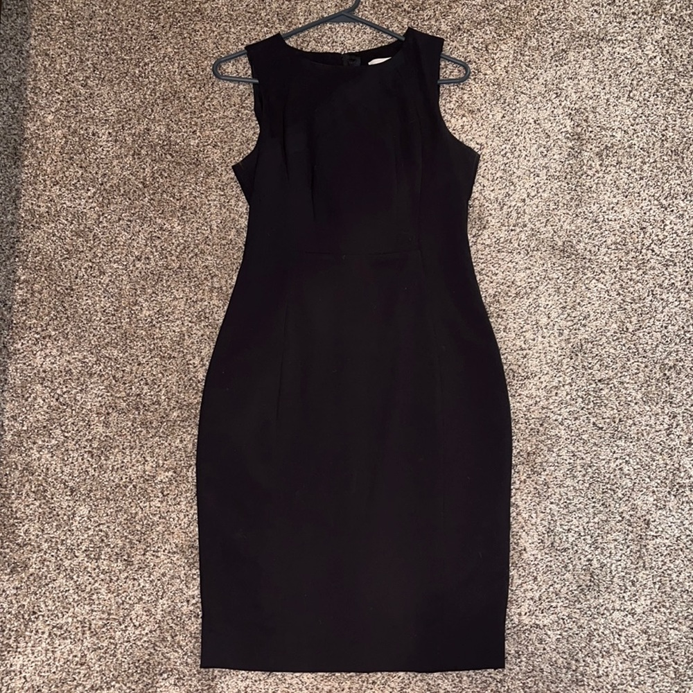 Fitted black dress, zips in the back.